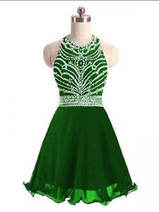 Fabulous Sleeveless Chiffon Mini Length Lace Up Prom Dress in Green with Beading