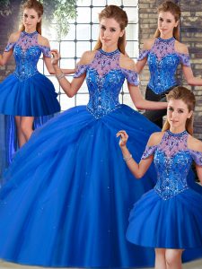 Cute Blue Sweet 16 Dress Halter Top Sleeveless Brush Train Lace Up