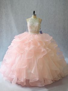 Luxury Peach Halter Top Backless Beading and Ruffles Quinceanera Dress Brush Train Sleeveless