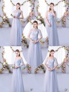 Best Grey Cap Sleeves Tulle Lace Up Quinceanera Court of Honor Dress for Wedding Party