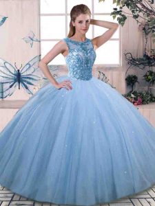 Fancy Floor Length Blue Quinceanera Gown Tulle Sleeveless Beading