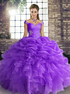 Lavender Quinceanera Dresses Military Ball and Sweet 16 and Quinceanera with Beading and Ruffles and Pick Ups Off The Shoulder Sleeveless Lace Up