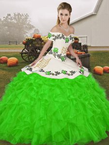 Adorable Green Ball Gowns Embroidery and Ruffles Quinceanera Dress Lace Up Organza Sleeveless Floor Length