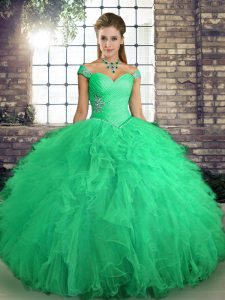 Exceptional Turquoise Ball Gowns Off The Shoulder Sleeveless Tulle Floor Length Lace Up Beading and Ruffles Ball Gown Prom Dress