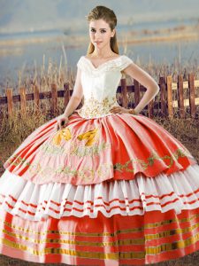 White And Red V-neck Lace Up Embroidery and Ruffled Layers Quinceanera Dresses Sleeveless