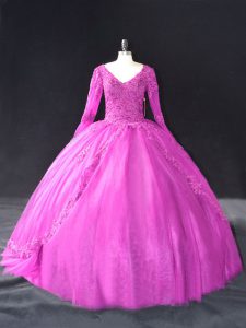 Sophisticated Fuchsia Lace Up Ball Gown Prom Dress Lace and Appliques Long Sleeves Floor Length