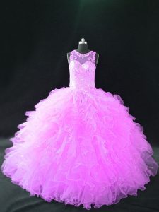 Smart Sleeveless Organza Floor Length Lace Up Quinceanera Dresses in Lilac with Beading and Ruffles
