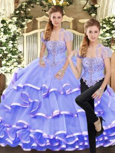 Lavender Two Pieces Strapless Sleeveless Organza Floor Length Lace Up Beading and Ruffled Layers Ball Gown Prom Dress