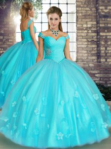 Elegant Aqua Blue Lace Up Off The Shoulder Beading and Appliques Quinceanera Dress Tulle Sleeveless