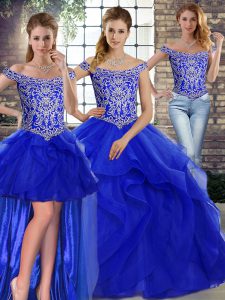 Latest Three Pieces Sleeveless Royal Blue 15th Birthday Dress Brush Train Lace Up