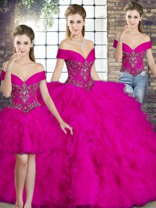 Glamorous Floor Length Three Pieces Sleeveless Fuchsia Quince Ball Gowns Lace Up