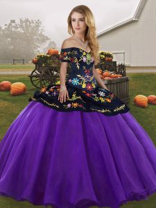 Embroidery Ball Gown Prom Dress Purple Lace Up Sleeveless Floor Length