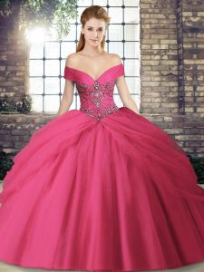 Traditional Hot Pink Sleeveless Brush Train Beading and Pick Ups Vestidos de Quinceanera