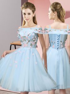 Best Selling Light Blue Empire Off The Shoulder Short Sleeves Tulle Knee Length Lace Up Appliques Vestidos de Damas