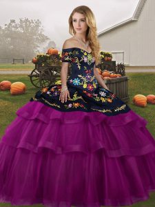 Custom Design Sleeveless Embroidery and Ruffled Layers Lace Up Vestidos de Quinceanera with Fuchsia Brush Train