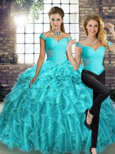 Aqua Blue Sleeveless Brush Train Beading and Ruffles Quinceanera Gown