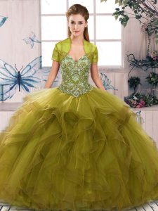 Tulle Off The Shoulder Sleeveless Lace Up Beading and Ruffles Quinceanera Dress in Olive Green