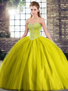 Gorgeous Sleeveless Tulle Brush Train Lace Up 15th Birthday Dress in Olive Green with Beading