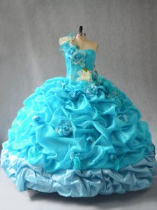 Aqua Blue Ball Gowns Pick Ups and Hand Made Flower Quince Ball Gowns Lace Up Organza Sleeveless Floor Length