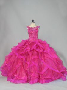 Sleeveless Organza Brush Train Lace Up Ball Gown Prom Dress in Hot Pink with Beading and Ruffles