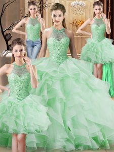 Beading and Ruffles Quinceanera Gowns Apple Green Lace Up Sleeveless Brush Train