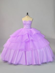 Spectacular Lavender Ball Gowns Organza Sweetheart Sleeveless Beading and Ruffled Layers Lace Up Quinceanera Gowns