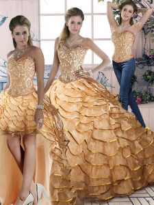 Elegant Gold Halter Top Lace Up Ruffled Layers 15 Quinceanera Dress Brush Train Sleeveless