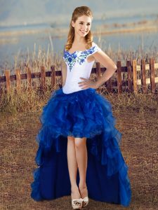 Ball Gowns Prom Party Dress Blue And White Off The Shoulder Organza Sleeveless High Low Lace Up