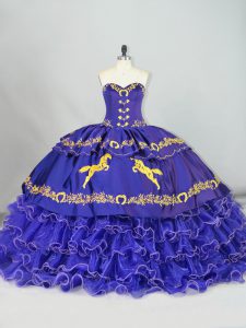 Purple Ball Gowns Sweetheart Sleeveless Organza Brush Train Lace Up Embroidery and Ruffled Layers Quince Ball Gowns