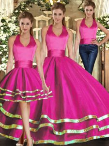 Halter Top Sleeveless Lace Up Quinceanera Gowns Fuchsia Tulle