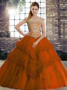 Rust Red Quince Ball Gowns Off The Shoulder Sleeveless Brush Train Lace Up