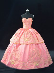 Custom Fit Pink Ball Gowns Sweetheart Sleeveless Satin Lace Up Embroidery Quinceanera Gowns