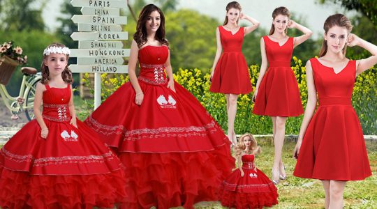 Graceful Ball Gowns 15th Birthday Dress Red Strapless Satin and Organza Sleeveless Floor Length Lace Up