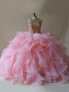 Suitable Baby Pink Backless 15th Birthday Dress Beading and Ruffles Sleeveless Brush Train