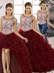 Fashionable Scoop Sleeveless Ball Gown Prom Dress Floor Length Beading and Ruffles Burgundy Organza