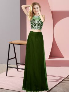 Delicate Scoop Sleeveless Backless Evening Dress Olive Green Chiffon