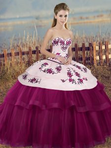 Super Fuchsia Lace Up Sweetheart Embroidery and Bowknot Quinceanera Gowns Tulle Sleeveless