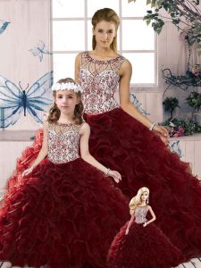 Sleeveless Floor Length Beading and Ruffles Lace Up Quinceanera Dress with Burgundy