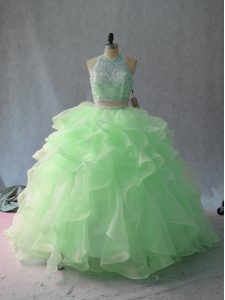 New Arrival Apple Green Backless Halter Top Beading and Ruffles Sweet 16 Dresses Sleeveless