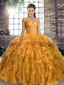 Lace Up Quinceanera Gown Gold for Military Ball and Sweet 16 and Quinceanera with Beading and Ruffles Brush Train