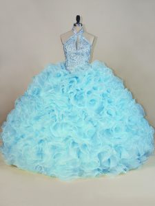 Aqua Blue Sleeveless Brush Train Beading and Ruffles Ball Gown Prom Dress