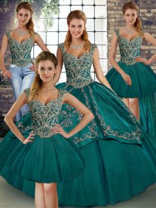 Designer Floor Length Teal 15th Birthday Dress Tulle Sleeveless Beading and Embroidery