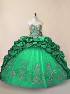 Sleeveless Tulle Brush Train Lace Up Ball Gown Prom Dress in Green with Beading and Pick Ups