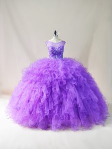 Purple Ball Gowns Tulle Scoop Sleeveless Beading and Ruffles Floor Length Lace Up Quince Ball Gowns