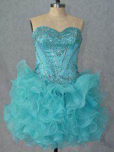 Mini Length Aqua Blue Prom Party Dress Sweetheart Sleeveless Lace Up