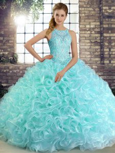 Fabric With Rolling Flowers Scoop Sleeveless Lace Up Beading Quinceanera Gowns in Aqua Blue
