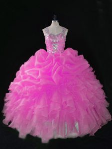 Dramatic Beading and Ruffles and Pick Ups Ball Gown Prom Dress Hot Pink Zipper Sleeveless Floor Length