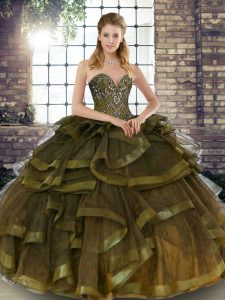 Sleeveless Tulle Floor Length Lace Up Quinceanera Gowns in Olive Green with Beading and Ruffles