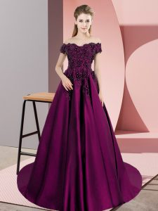 Custom Designed Purple Sleeveless Satin Court Train Zipper Ball Gown Prom Dress for Party and Sweet 16 and Wedding Party
