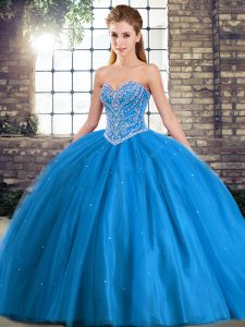 Top Selling Beading Quinceanera Dresses Baby Blue Lace Up Sleeveless Brush Train